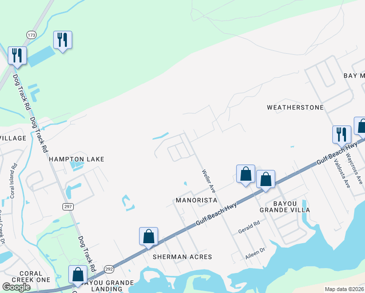 map of restaurants, bars, coffee shops, grocery stores, and more near 2127 Ledbetter Lane in Pensacola