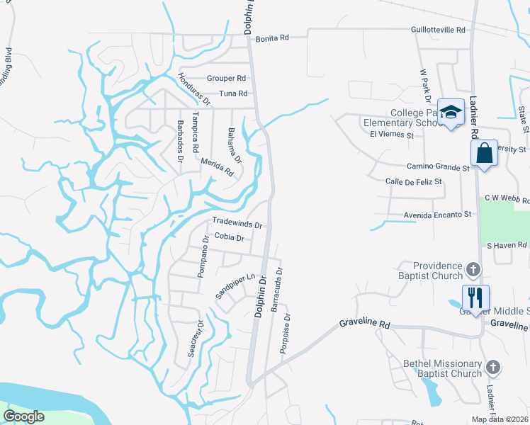 map of restaurants, bars, coffee shops, grocery stores, and more near 2308 Dolphin Dr in Gautier