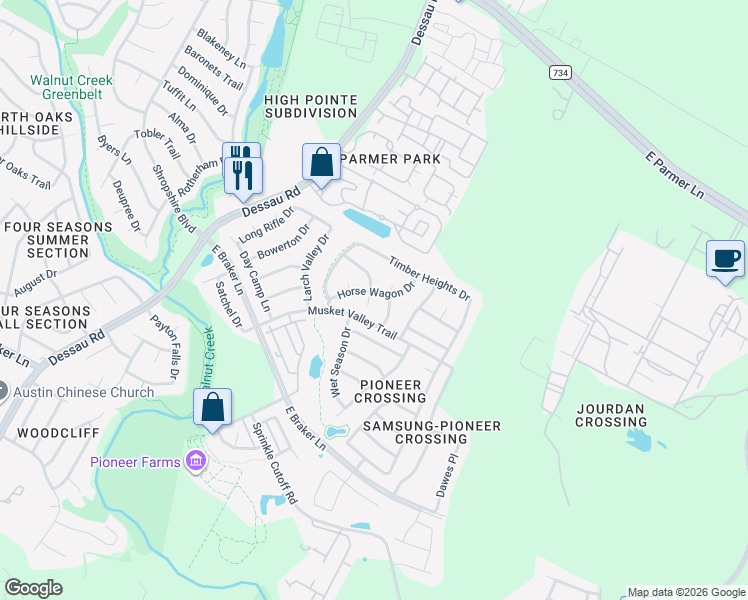 map of restaurants, bars, coffee shops, grocery stores, and more near 2004 Shaker Trail in Austin