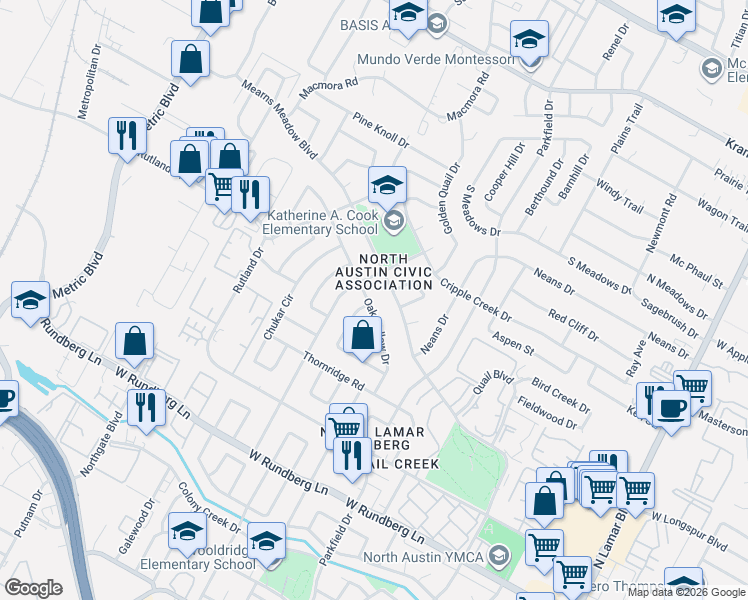 map of restaurants, bars, coffee shops, grocery stores, and more near 9907 Oak Hollow Drive in Austin