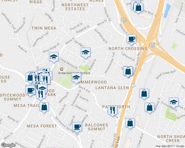 map of restaurants, bars, coffee shops, grocery stores, and more near 8401B Cima Oak Lane in Austin