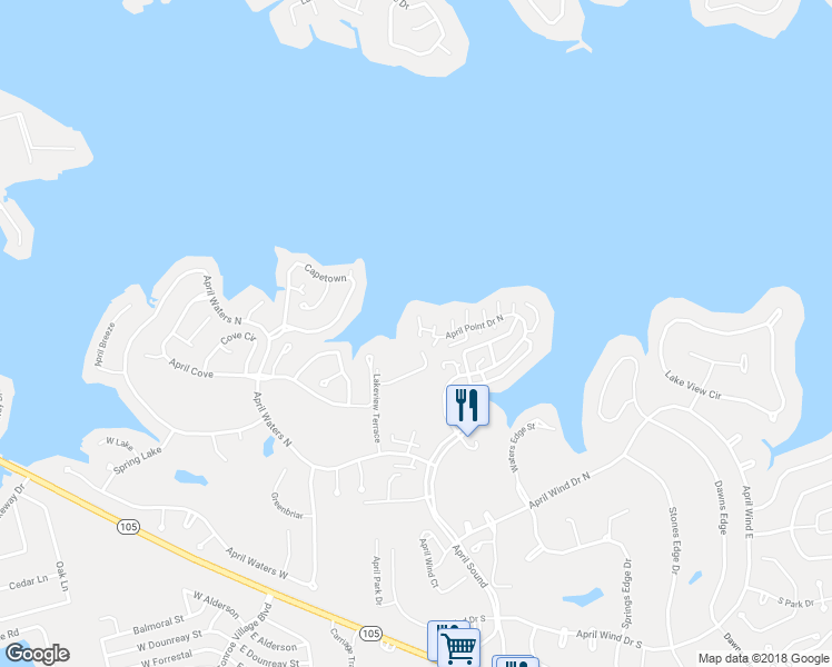 map of restaurants, bars, coffee shops, grocery stores, and more near 131 April Point Drive South in Montgomery