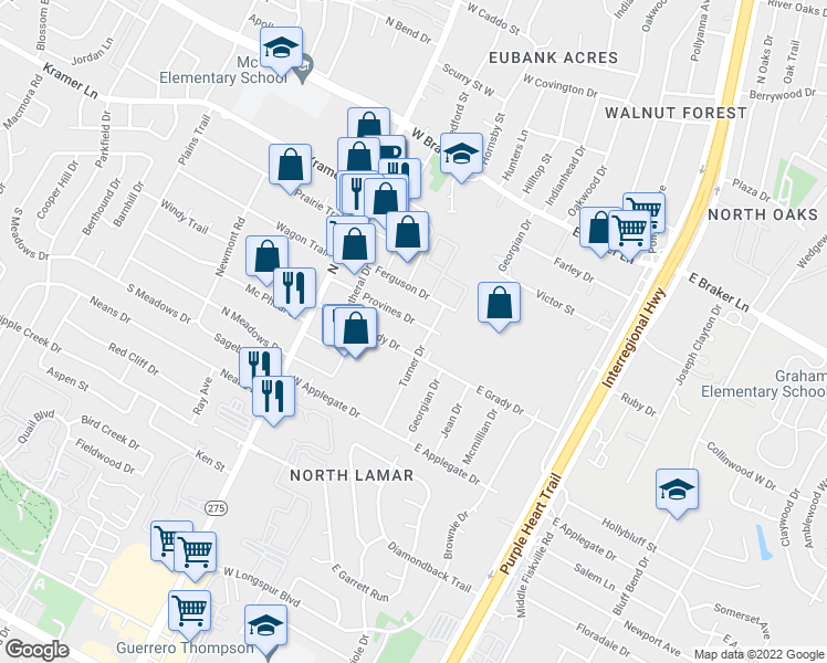 map of restaurants, bars, coffee shops, grocery stores, and more near 205 Provines Dr in Austin