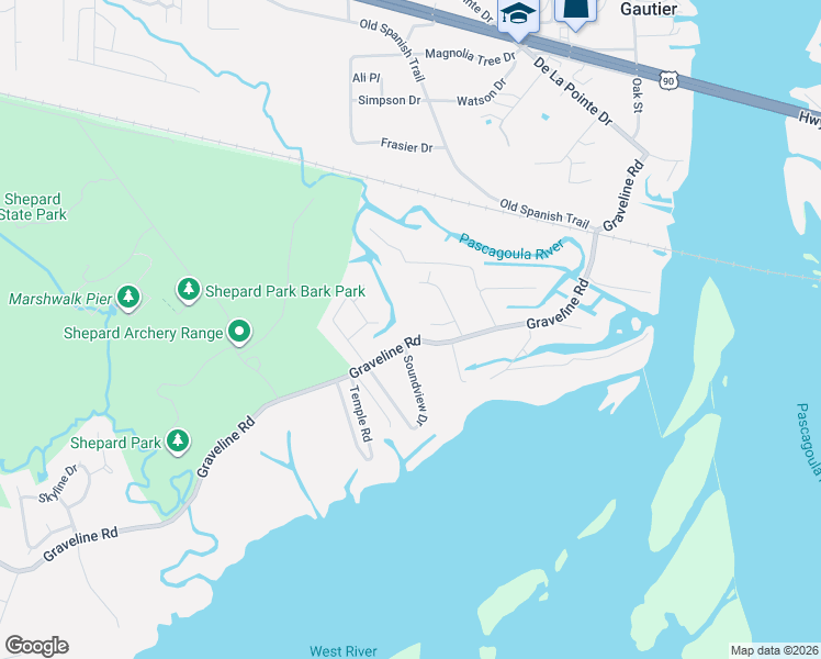map of restaurants, bars, coffee shops, grocery stores, and more near 2357 Sandalwood Place in Gautier