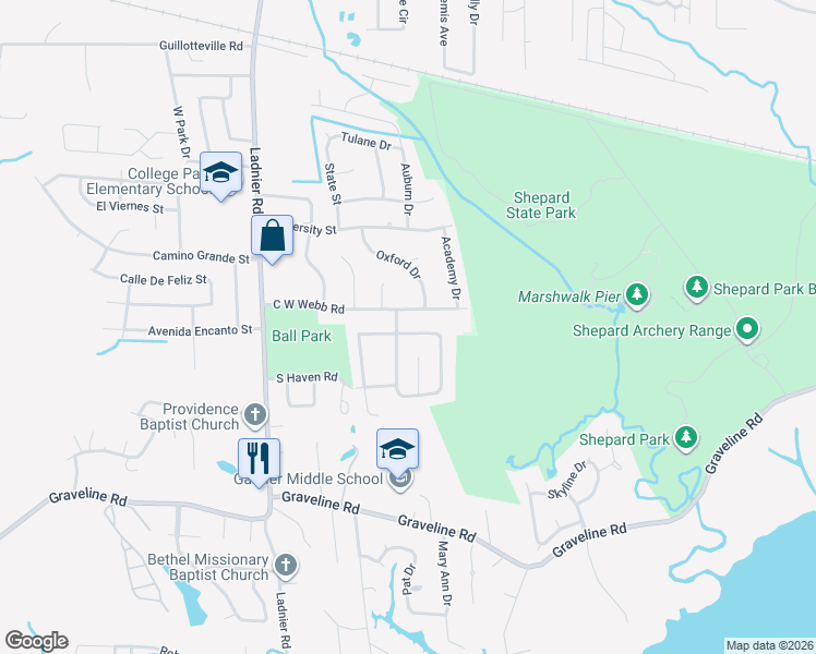 map of restaurants, bars, coffee shops, grocery stores, and more near 2030 Woodbury Road in Gautier