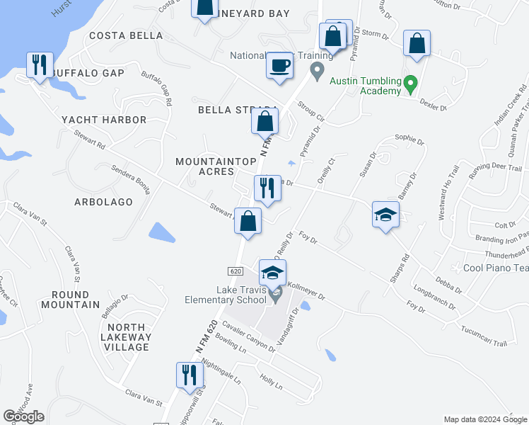 map of restaurants, bars, coffee shops, grocery stores, and more near 1113 North FM 620 in Lakeway
