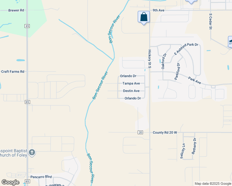 map of restaurants, bars, coffee shops, grocery stores, and more near 1074 Destin Avenue in Foley