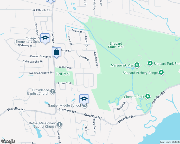 map of restaurants, bars, coffee shops, grocery stores, and more near 2030 Woodbury Road in Gautier