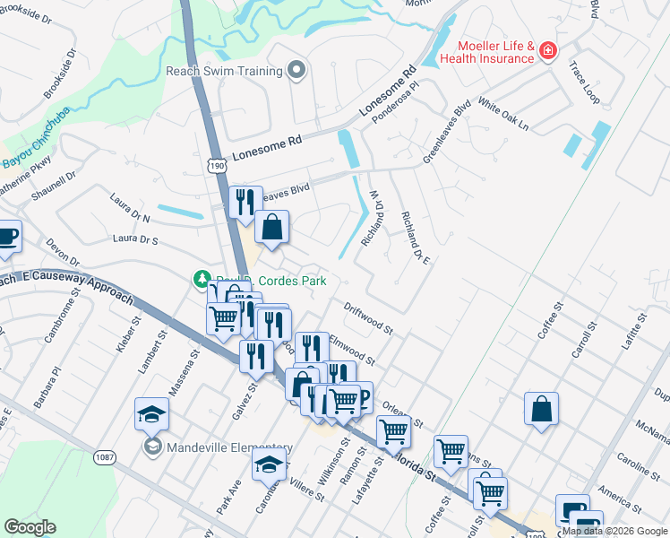 map of restaurants, bars, coffee shops, grocery stores, and more near 409 Goldenwood Street in Mandeville