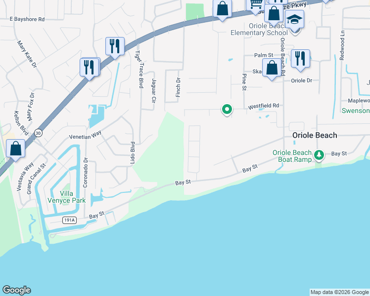 map of restaurants, bars, coffee shops, grocery stores, and more near 1056 Woodlore Circle in Gulf Breeze