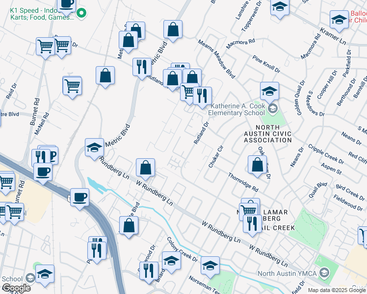 map of restaurants, bars, coffee shops, grocery stores, and more near 1647 Rutland Drive in Austin