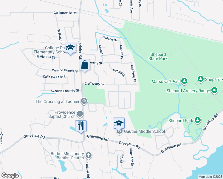 map of restaurants, bars, coffee shops, grocery stores, and more near 2118 Woodbury Road in Gautier