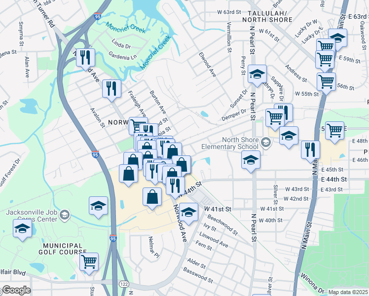 map of restaurants, bars, coffee shops, grocery stores, and more near 5637 Long Street in Jacksonville