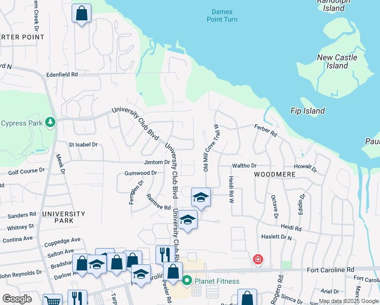 map of restaurants, bars, coffee shops, grocery stores, and more near 6158 Dawnridge Road East in Jacksonville