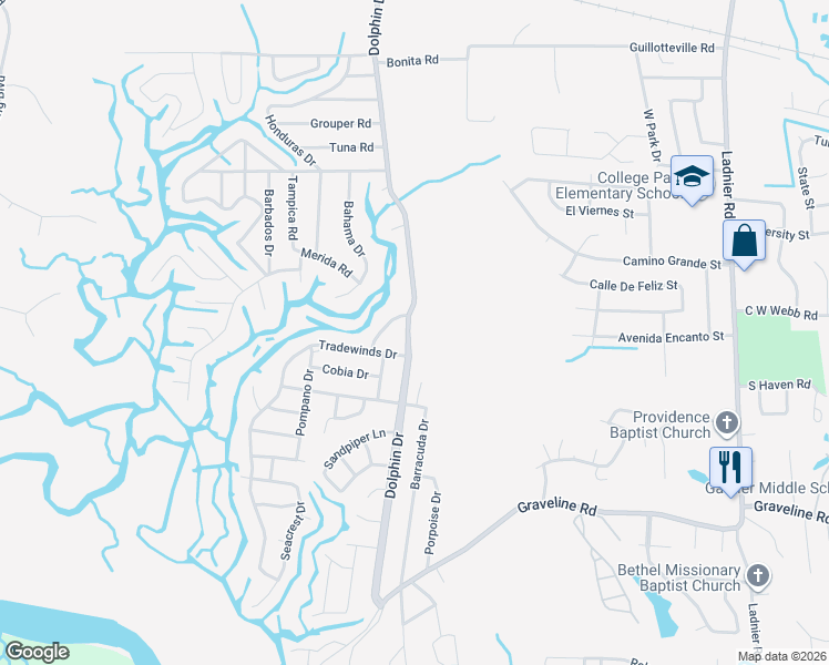 map of restaurants, bars, coffee shops, grocery stores, and more near 2308 Dolphin Dr in Gautier