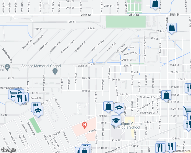 map of restaurants, bars, coffee shops, grocery stores, and more near 2003 44th Avenue in Gulfport