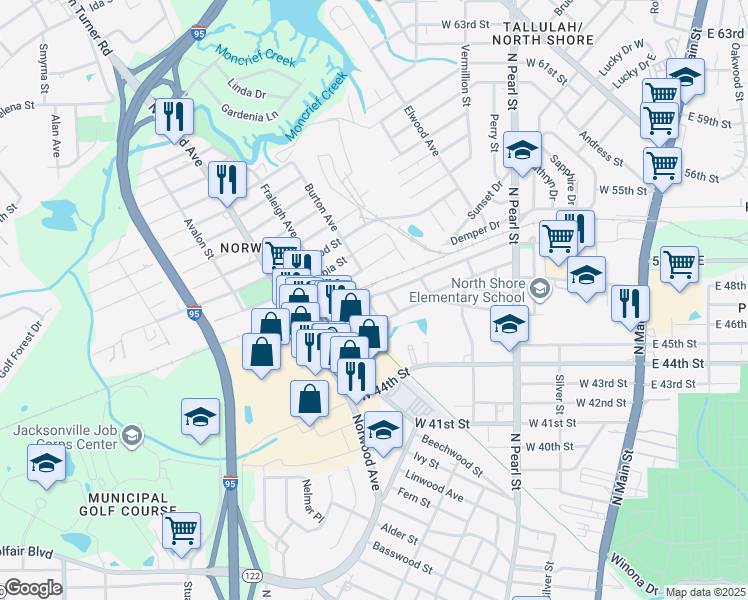 map of restaurants, bars, coffee shops, grocery stores, and more near 5637 Long Street in Jacksonville