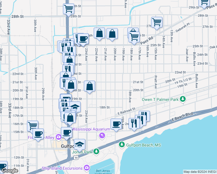 map of restaurants, bars, coffee shops, grocery stores, and more near 2009 20th Avenue in Gulfport