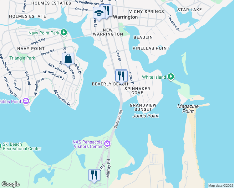 map of restaurants, bars, coffee shops, grocery stores, and more near 613 South Navy Boulevard in Pensacola