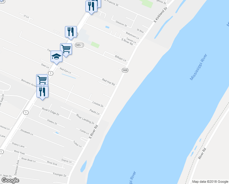map of restaurants, bars, coffee shops, grocery stores, and more near 6644 South River Road in Brusly