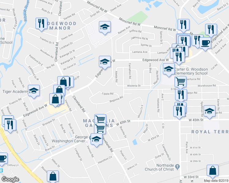 map of restaurants, bars, coffee shops, grocery stores, and more near 2735 Lippia Road in Jacksonville