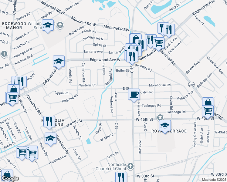 map of restaurants, bars, coffee shops, grocery stores, and more near 5671 Verbena Road in Jacksonville