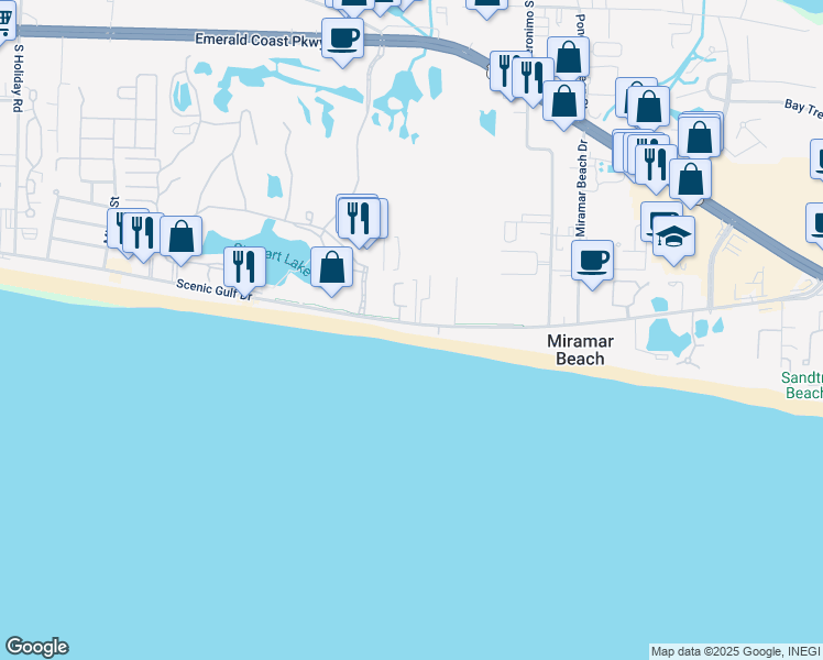 map of restaurants, bars, coffee shops, grocery stores, and more near 1001 Scenic Gulf Drive in Miramar Beach