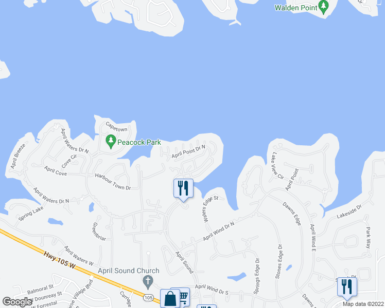 map of restaurants, bars, coffee shops, grocery stores, and more near 32 April Point Drive North in Montgomery