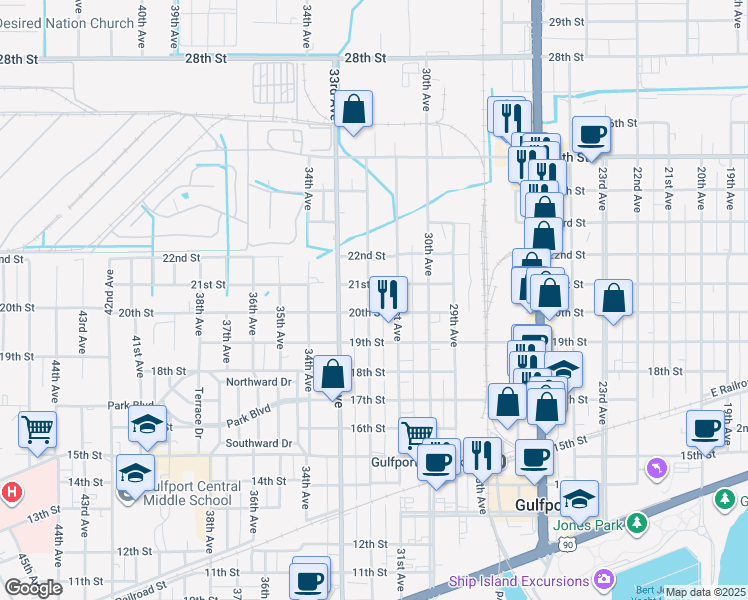 map of restaurants, bars, coffee shops, grocery stores, and more near 2012 32nd Avenue in Gulfport
