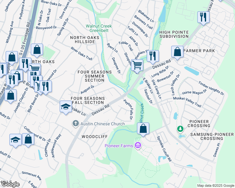 map of restaurants, bars, coffee shops, grocery stores, and more near 11511 June Drive in Austin