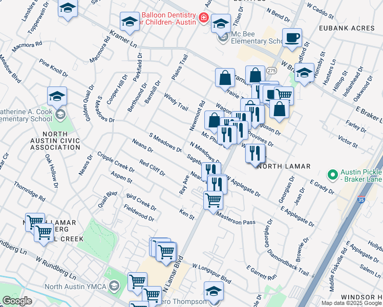 map of restaurants, bars, coffee shops, grocery stores, and more near 906 Sagebrush Drive in Austin
