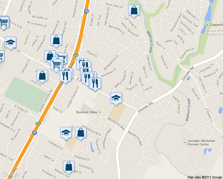 map of restaurants, bars, coffee shops, grocery stores, and more near 11308 Walnut Ridge Drive in Austin