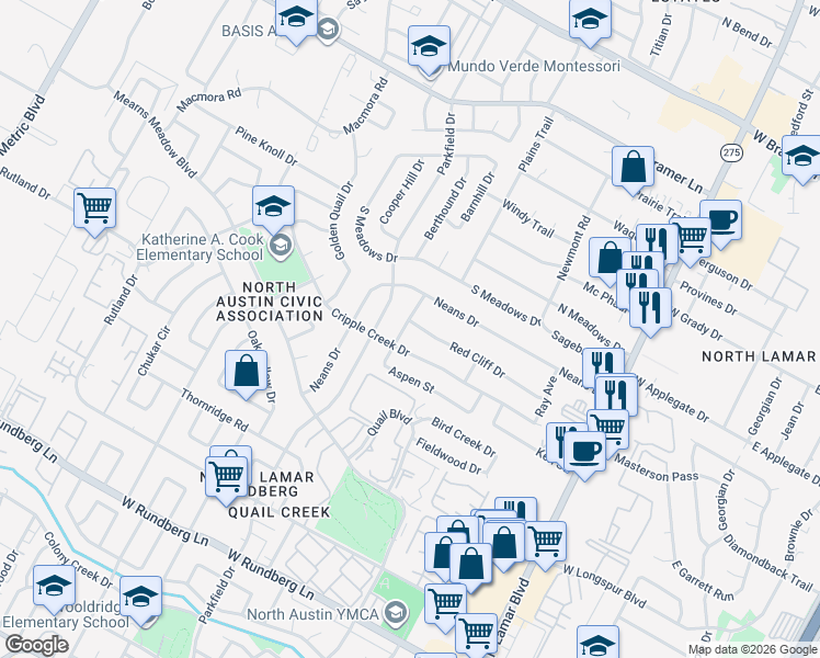 map of restaurants, bars, coffee shops, grocery stores, and more near 1113 Red Cliff Drive in Austin