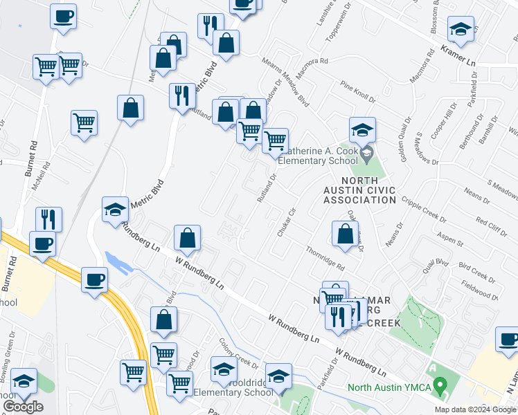 map of restaurants, bars, coffee shops, grocery stores, and more near 1704 Rutland Drive in Austin