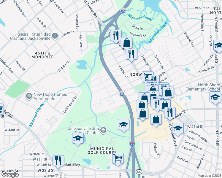 map of restaurants, bars, coffee shops, grocery stores, and more near 1142 Ardoon Street in Jacksonville