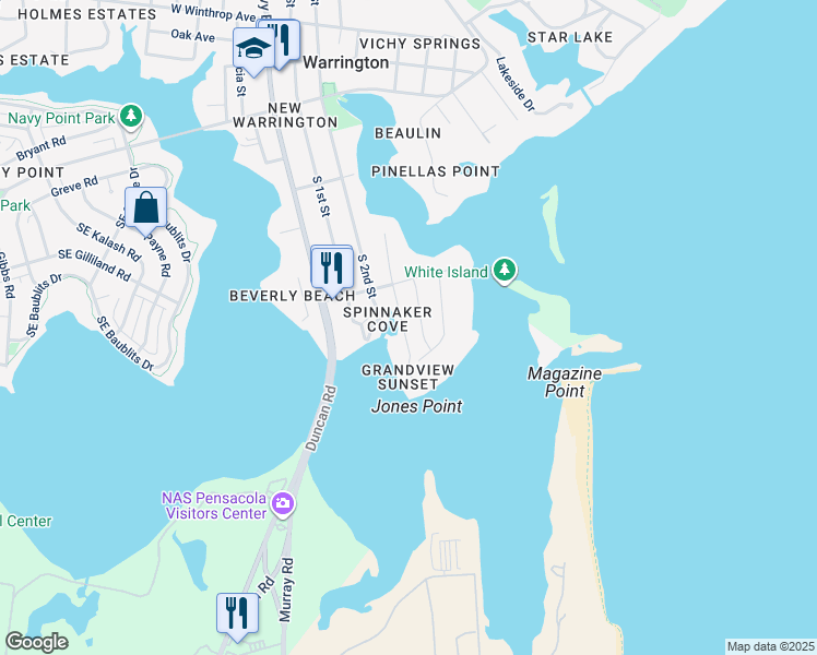 map of restaurants, bars, coffee shops, grocery stores, and more near 600 Palomar Drive in Pensacola