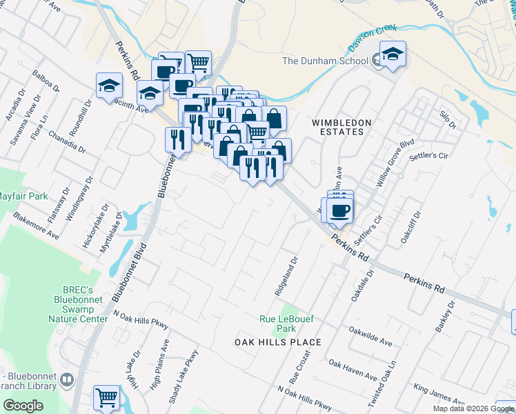 map of restaurants, bars, coffee shops, grocery stores, and more near 10641 McGuire Avenue in Baton Rouge