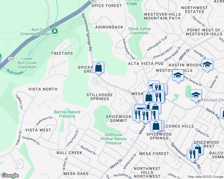 map of restaurants, bars, coffee shops, grocery stores, and more near 4701 Spicewood Springs Road in Austin