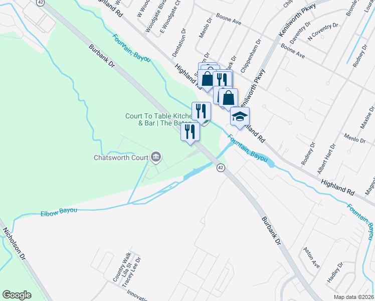map of restaurants, bars, coffee shops, grocery stores, and more near 7490 Burbank Drive in Baton Rouge