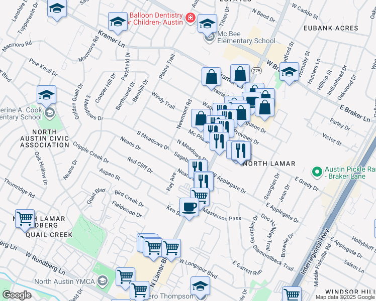 map of restaurants, bars, coffee shops, grocery stores, and more near 906 Sagebrush Drive in Austin