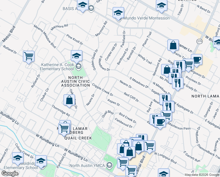 map of restaurants, bars, coffee shops, grocery stores, and more near 1113 Red Cliff Drive in Austin