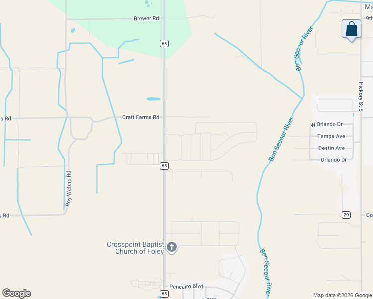 map of restaurants, bars, coffee shops, grocery stores, and more near 10405 County Road 65 in Foley