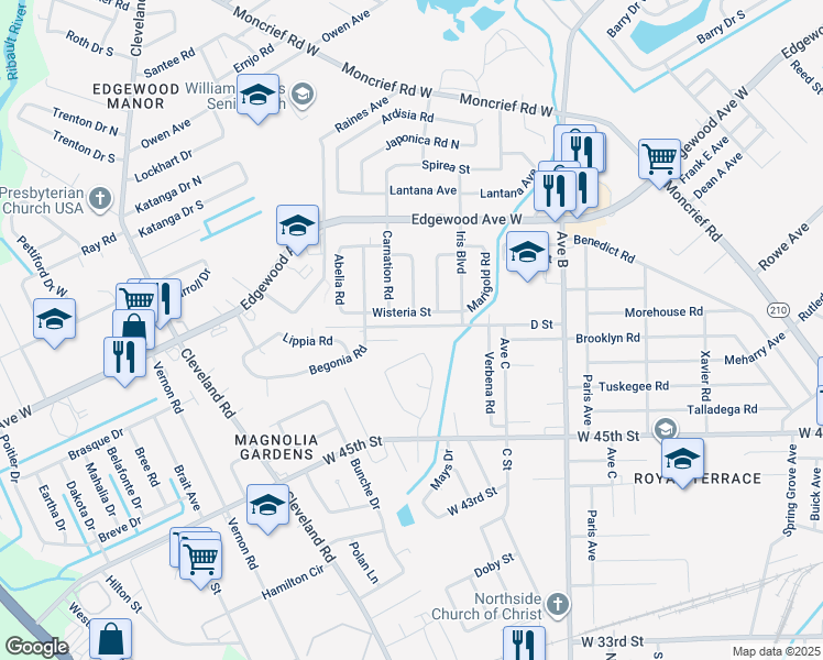 map of restaurants, bars, coffee shops, grocery stores, and more near 2560 D Street in Jacksonville