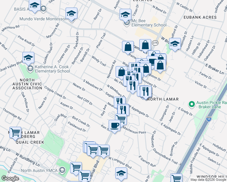 map of restaurants, bars, coffee shops, grocery stores, and more near 906 Sagebrush Drive in Austin