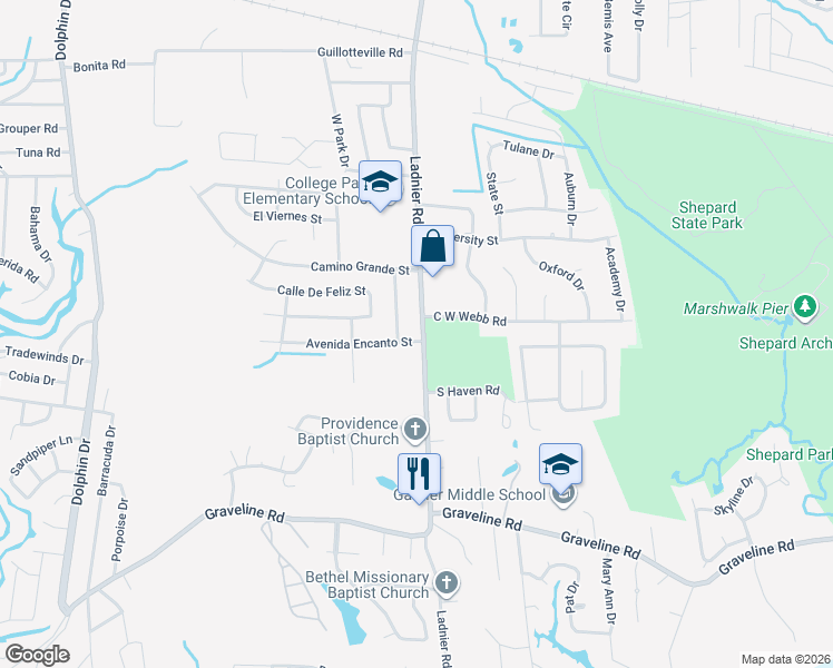 map of restaurants, bars, coffee shops, grocery stores, and more near 2300 Avenida Encanto Street in Gautier