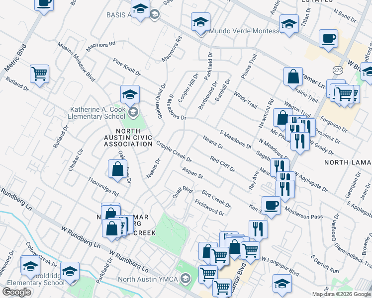 map of restaurants, bars, coffee shops, grocery stores, and more near 1113 Red Cliff Drive in Austin