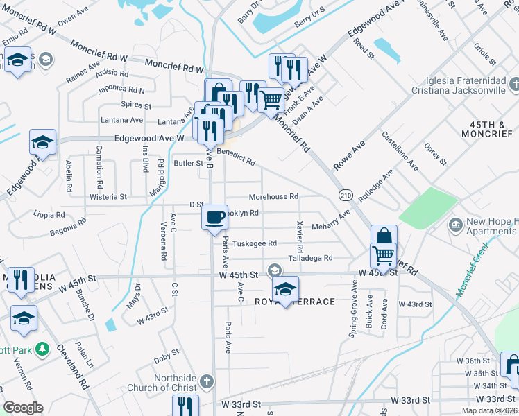 map of restaurants, bars, coffee shops, grocery stores, and more near 2101 Brooklyn Road in Jacksonville