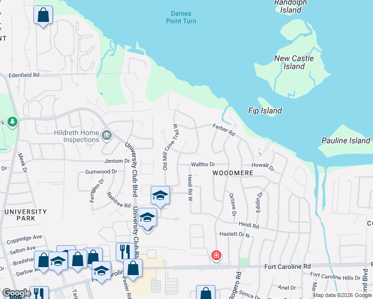 map of restaurants, bars, coffee shops, grocery stores, and more near 4133 Old Mill Cove Trail East in Jacksonville