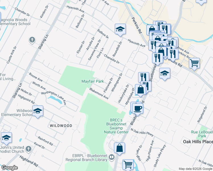 map of restaurants, bars, coffee shops, grocery stores, and more near 652 Flatsway Drive in Baton Rouge