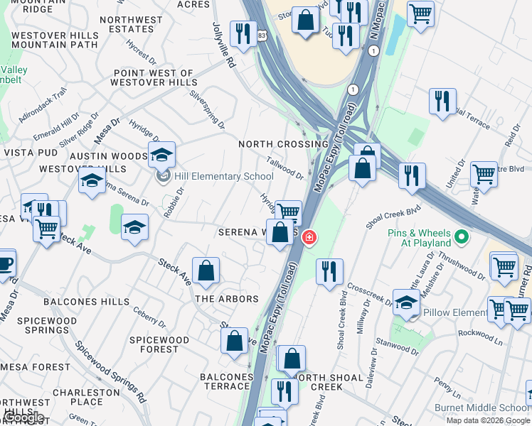 map of restaurants, bars, coffee shops, grocery stores, and more near 8605 Azalea Trail in Austin